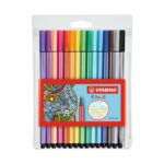 Комплект флумастери Pen 68 10+5 neon, 15 цвята, Stabilo: прозрачен калъф със закачалка и писалки с ярки и неонови капачки над червено-синя лента с надпис „15 Pen 68“.