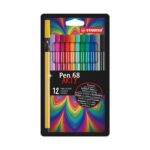 Комплект флумастери Pen 68 Arty, 12 цвята, Stabilo: черна картонена опаковка с дъгови лъчи в долната половина, редица цветни капачки и изправен жълт флумастер вляво.