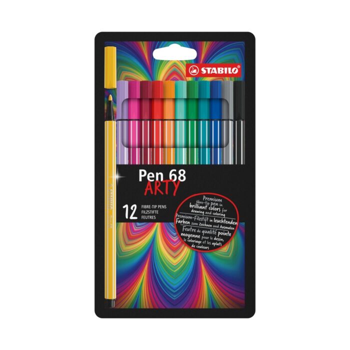 komplekt-flumasteri-pen-68-arty-12-tsvyata-stabilo-1500 Комплект флумастери Pen 68 Arty, 12 цвята, Stabilo: черна картонена опаковка с дъгови лъчи в долната половина, редица цветни капачки и изправен жълт флумастер вляво.