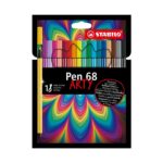 Комплект флумастери Pen 68 Arty, 18 цвята, Stabilo: черен портфейл с психеделична шарка от дъгови вълни, прозорче с ред ярки капачки и жълт маркер вляво.