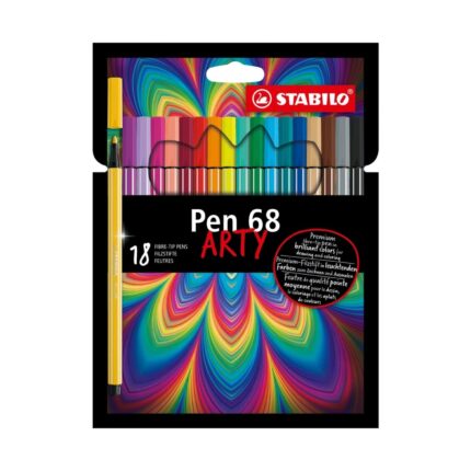 Комплект флумастери Pen 68 Arty, 18 цвята, Stabilo: черен портфейл с психеделична шарка от дъгови вълни, прозорче с ред ярки капачки и жълт маркер вляво.