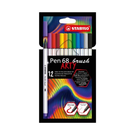 Комплект флумастери Pen 68 Brush Arty, 12 цвята, Stabilo: по-тясна черна опаковка с пъстра дъгова вълна под надписа „Pen 68 brush ARTY“ и бял флумастер с връх четка отляво.