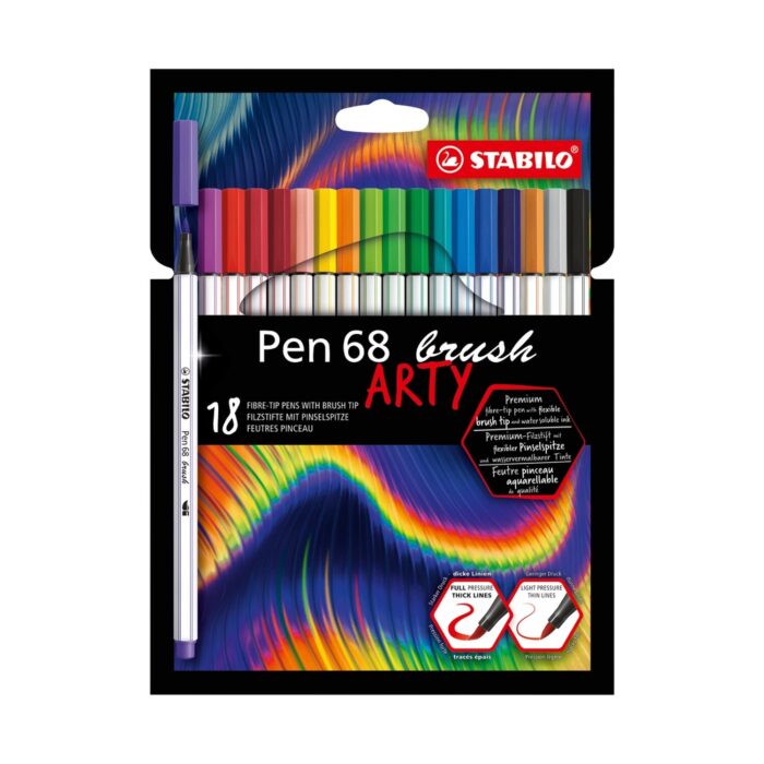 komplekt-flumasteri-pen-68-brush-arty-18-tsvyata-stabilo-1500 Комплект флумастери Pen 68 Brush Arty, 18 цвята, Stabilo: черна картонена опаковка с дъгова вълна, редица пъстри капачки отгоре и бял флумастер с връх четка по левия ръб.