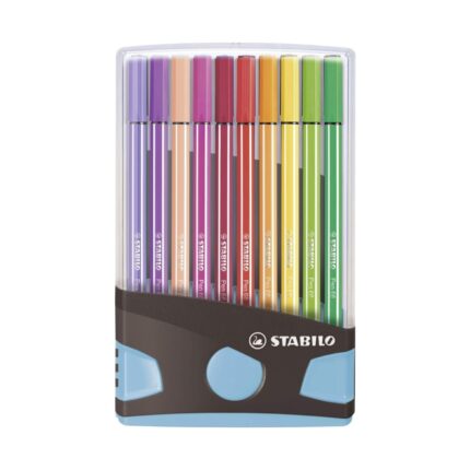 Комплект флумастери Pen 68 Color Parade светлосиня кутия, 20 цвята, Stabilo: прозрачна стойка с тъмносива основа и светлосини дръжки, в която писалките стоят изправени от лилаво до зелено.