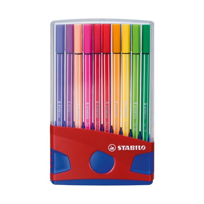 komplekt-flumasteri-pen-68-color-parade-tamnosinya-stabilo-1500 Комплект флумастери Pen 68 Color Parade тъмносиня кутия, 20 цвята, Stabilo: прозрачна стойка с червена основа и тъмносини дръжки, пълна с изправени писалки в дъгова поредица.