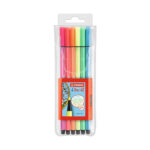 Комплект флумастери Pen 68 Neon, 6 цвята, Stabilo: тесен прозрачен калъф с ярки писалки от розово до светлосиньо и оранжево етикетче „6 Pen 68“ със знак „NEON“.