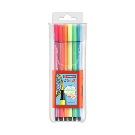 Комплект флумастери Pen 68 Neon, 6 цвята, Stabilo: тесен прозрачен калъф с ярки писалки от розово до светлосиньо и оранжево етикетче „6 Pen 68“ със знак „NEON“.