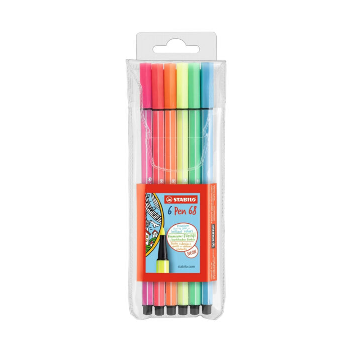 komplekt-flumasteri-pen-68-neon-6-tsvyata-stabilo-1500 Комплект флумастери Pen 68 Neon, 6 цвята, Stabilo: тесен прозрачен калъф с ярки писалки от розово до светлосиньо и оранжево етикетче „6 Pen 68“ със знак „NEON“.