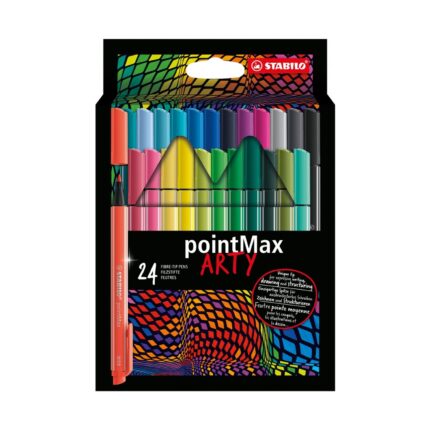 Комплект флумастери pointMax Arty, 24 цвята, Stabilo: черен портфейл с оптична шарка от цветни квадратчета, два реда капачки в прозорче с форма на зъбци и коралов тънкописец вляво.