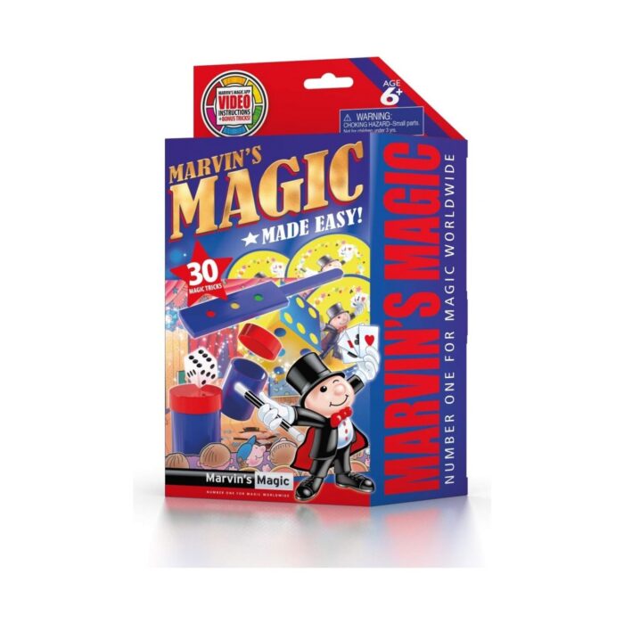 komplekt-fokusi-set-3-cherven-30-magicheski-trika-marvin-s-magic-1500 Комплект фокуси сет 3 червен, 30 магически трика, Marvin’s Magic: синя кутия с червен страничен надпис „Marvin’s Magic“ и фокусника Марвин сред зарове и жълти дискове, синя палка с отвори и червено-сини чашки.