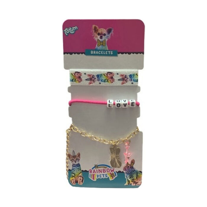 komplekt-givni-3-broya-totum-1500 Комплект гривни 3 броя, Totum: картонче „Bracelets“ с бяла ластична лента с шарени котета, розов ластик с кубчета „LOVE“ и златиста верижка с висулки.