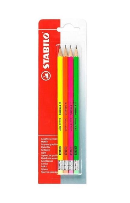 Комплект графитни моливи с гума Swano fluo HB, 4 броя, Stabilo