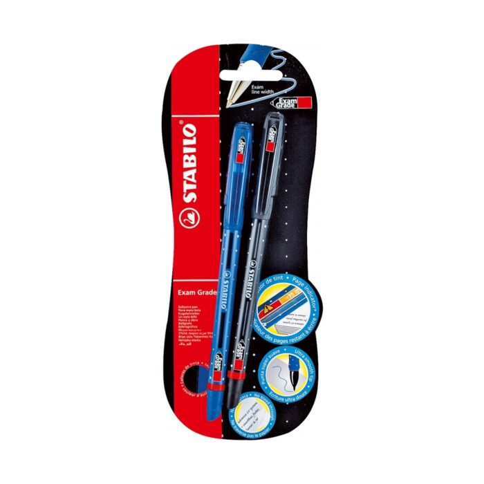 komplekt-himikalki-sas-skala-exam-grade-2-broya-stabilo-1500 Комплект химикалки със скала Exam Grade, 2 броя, Stabilo: синя и черна химикалка с полупрозрачни корпуси и червени пръстени до върха в черен блистер на звездички с червена лента „STABILO“.