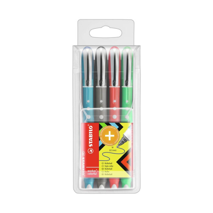 komplekt-himikalki-worker-colorful-4-tsvyata-stabilo-1500 Комплект химикалки Worker+colorful, 4 цвята, Stabilo: прозрачен калъф със закачалка с четири разноцветни ролера на бели точки и жълто-черен етикет с оранжев кръг с плюс.