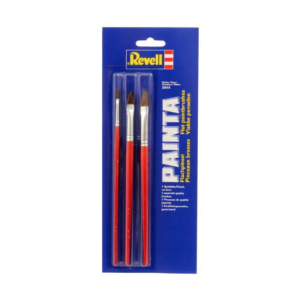 Комплект плоски четки Painta 3 броя, Revell: синя блистерна карта с три четки с червени дръжки и косъм с различна ширина под синьо-червеното лого.