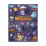 Комплект стикери Halloween 25 броя, Totum: тъмнолилав лист с голям надпис „Happy Halloween“ сред мумия и върколак, зомби с изцъклени очи, бонбони и ухилени тикви.