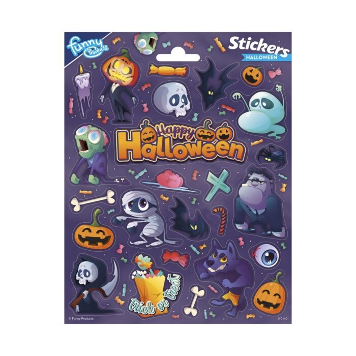 komplekt-stikeri-halloween-25-broya-totum-1500 Комплект стикери Halloween 25 броя, Totum: тъмнолилав лист с голям надпис „Happy Halloween“ сред мумия и върколак, зомби с изцъклени очи, бонбони и ухилени тикви.