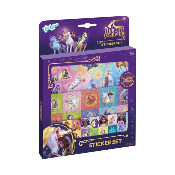 komplekt-stikeri-unicorn-academy-4-chasti-totum-1500 Комплект стикери Unicorn academy, 4 части, Totum: тъмнолилава кутия с прозорче към лъскави листа с еднорози и ездачки, златни орнаменти, балонче „Scenery Included“ и надпис „Sticker Set“.