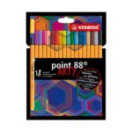 Комплект тънкописци Point 88 Arty, 18 цвята, Stabilo: черна опаковка с пъстри шестоъгълници, редица тънки писалки на оранжево-бели ивици с цветни капачки и надпис „point 88 ARTY“.
