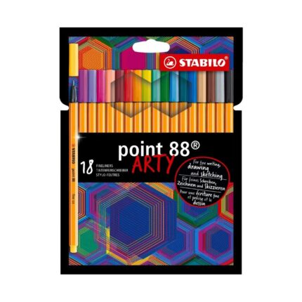 Комплект тънкописци Point 88 Arty, 18 цвята, Stabilo: черна опаковка с пъстри шестоъгълници, редица тънки писалки на оранжево-бели ивици с цветни капачки и надпис „point 88 ARTY“.