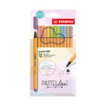 Комплект тънкописци Point 88 fine 0.4 Pastellove, 12 цвята, Stabilo: бледорозова картонена опаковка с лилава писалка вляво, пастелни капачки в редица и надпис „PASTEL love“ до кръгъл знак „SPECIAL EDITION“.