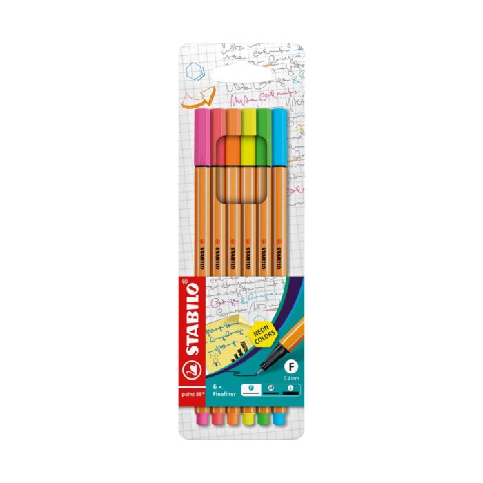 komplekt-tankopistsi-point-88-neon-6-tsvyata-stabilo-1500 Комплект тънкописци Point 88 Neon, 6 цвята, Stabilo: тесен картон с ръкописни бележки, шест тънки писалки с ярки неонови капачки и жълт стикер „NEON COLORS“ на тюркоазения етикет.