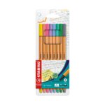 Комплект тънкописци Point 88 Pastel, 8 цвята, Stabilo: тесен картон с карирана хартия, тънки писалки с капачки в бледи нюанси и стикер „PASTEL COLORS“ върху тюркоазения етикет.