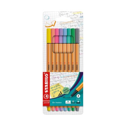 Комплект тънкописци Point 88 Pastel, 8 цвята, Stabilo: тесен картон с карирана хартия, тънки писалки с капачки в бледи нюанси и стикер „PASTEL COLORS“ върху тюркоазения етикет.