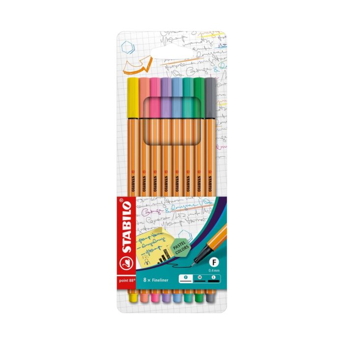 komplekt-tankopistsi-point-88-pastel-8-tsvyata-stabilo-2-1500 Комплект тънкописци Point 88 Pastel, 8 цвята, Stabilo: тесен картон с карирана хартия, тънки писалки с капачки в бледи нюанси и стикер „PASTEL COLORS“ върху тюркоазения етикет.