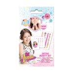 Комплект татуировки Сой Луна, Craze: картонче „Tattoo Beauty Set“ с усмихнатата героиня с плитка и потник на звезди, листове с ленти от сърца и емоджита и кръгче „3 Sheets“ до надписа „+ Glitter!“.