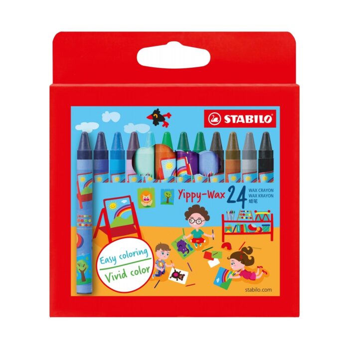 komplekt-vosachni-pasteli-yippy-wax-24-tsvyata-stabilo-1500 Комплект восъчни пастели Yippy Wax, 24 цвята, Stabilo: червена кутия с отвор за окачване, весела сцена с деца край статив и редица дебели цветни пръчици.