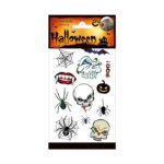 Комплект временни татуировки черепи 12 броя, Totum: плик с лента „Halloween“ и татуировки на черни паяци в паяжини, червени устни с вампирски зъби и прилеп до тиквичка и надпис „Boo!“.