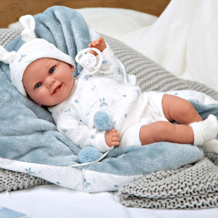 Кукла бебе Babyto Elegance със синьо одеялце, 35 см, Arias