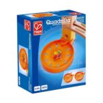 Ловец на мраморни топчета 2 броя, Hape: синя кутия „Quadrilla“ с оранжева кръгла чашка с цветни топчета под улея на писта и двете чашки в ъгъла.