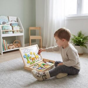 Дете на 3–4 години играе с магнитен пъзел за ролева игра и въображение