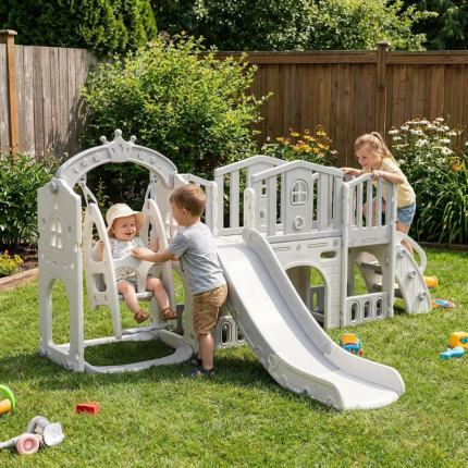 Детски игрален център 9 в 1 с пързалка и люлка сив, Feelkids