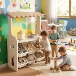 Детски щанд за ролеви игри с плот и кутии кафяв Feelkids