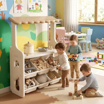 Детски щанд за ролеви игри с плот и кутии, кафяв, Feelkids