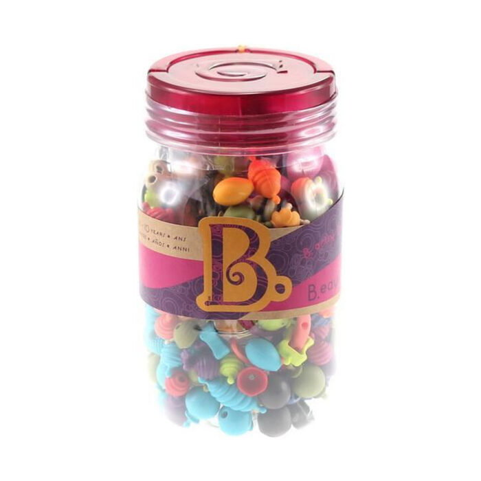 BTBX1232Z Многоцветни мъниста Pop Art 275бр. Многоцветни мъниста Pop Art 275 броя, Battat: прозрачен буркан с малиново капаче и лента с буквата „B.“, пълен с пъстри мъниста във форма на рибки, плодчета и топчета.