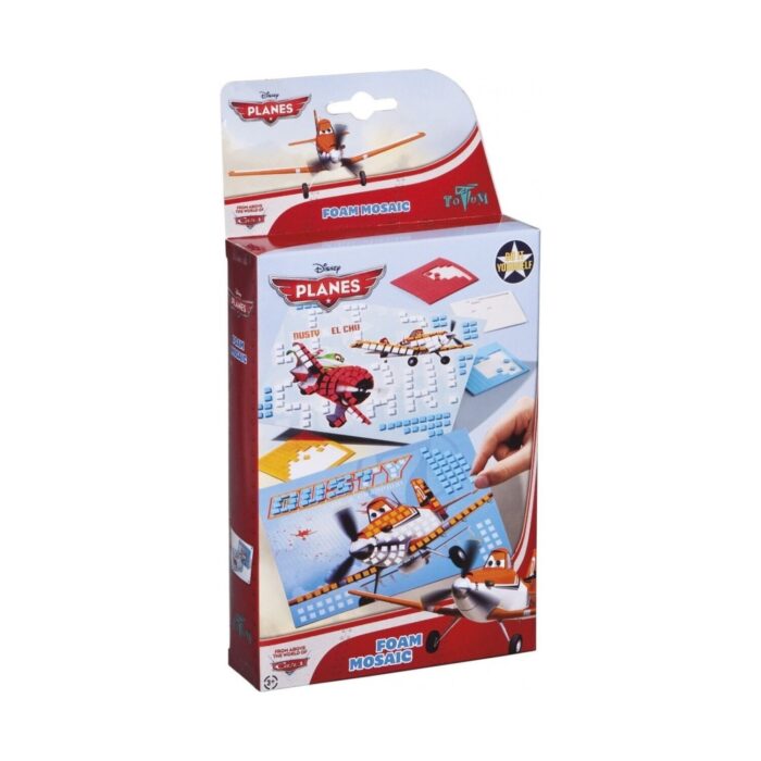 mozaika-planes-totum-1500 Мозайка Planes, Totum: червено-бяла кутия „Foam Mosaic“ с оранжев самолет с витло отгоре и картини на самолети, наредени от сини, бели и червени квадратчета пяна.