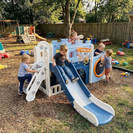 Детски игрален център кораб с пързалка и тунел син, Feelkids