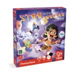 Настолна игра Междугалактическа надпревара, Hape: лилава кутия „Star Seekers“ с усмихнато къдрокосо момиче, астронавт и извънземно в летяща чиния сред облаци, светкавици и зар.