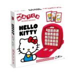 Настолна игра Top Trumps Дуел Hello Kitty, Winning Moves: бяла кутия с голямо бяло коте с червена панделка, отворена червена игрална поставка с решетка от кубчета и надпис „MATCH“ на червени блокчета.