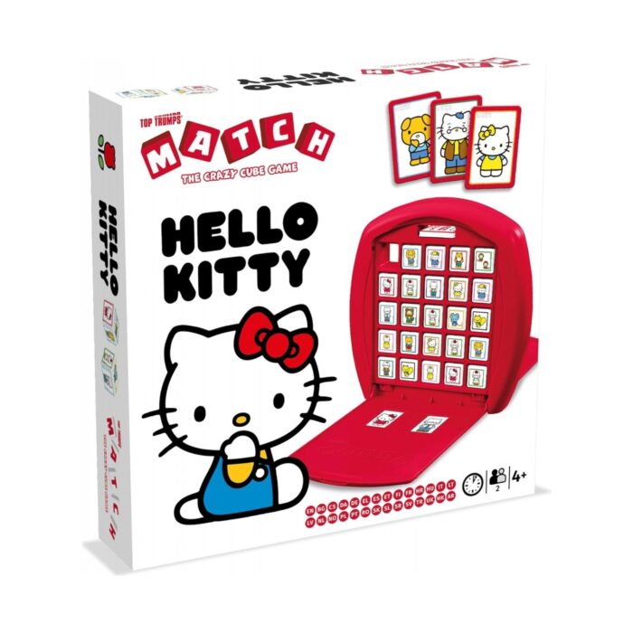nastolna-igra-top-trumps-duel-hello-kitty-winning-moves-1500 Настолна игра Top Trumps Дуел Hello Kitty, Winning Moves: бяла кутия с голямо бяло коте с червена панделка, отворена червена игрална поставка с решетка от кубчета и надпис „MATCH“ на червени блокчета.