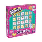 Настолна игра Top Trumps Дуел Шопкинс, Winning Moves: циклама кутия с логото „Shopkins“, тюркоазена рамка с решетка от кубчета с усмихнати плодове и сладкиши и надпис „MATCH“ на тъмни блокчета.