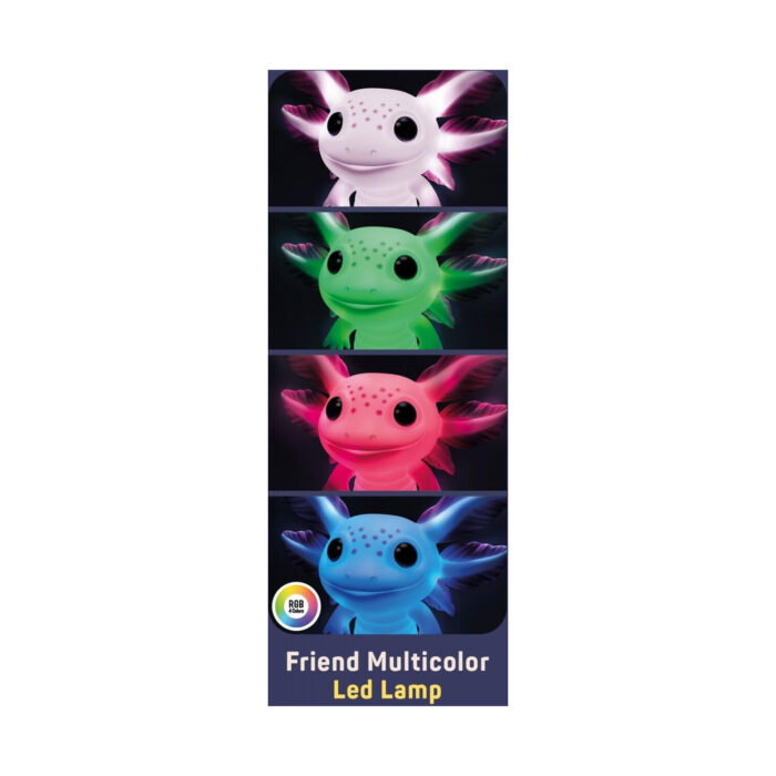 noshtna-led-lampa-rainy-days-priyatel-aksolotal-lisciani-1500 Нощна LED лампа Rainy Days приятел Аксолотъл, Lisciani: тъмна опаковка на нощна LED лампа Rainy Days Lisciani с четири образа на аксолотъла в бяла, зелена, розова и синя светлина над надписа „Friend Multicolor Led Lamp“.