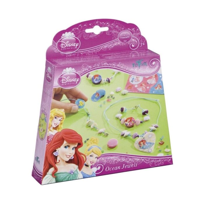 okeanski-bizhuta-disney-princess-totum-1500 Океански бижута Disney Princess, Totum: розова кутия „Ocean Jewels“ с Ариел, Аврора и Пепеляшка до колие и гривна с бели мидички, цветни мъниста и кръгли висулки.