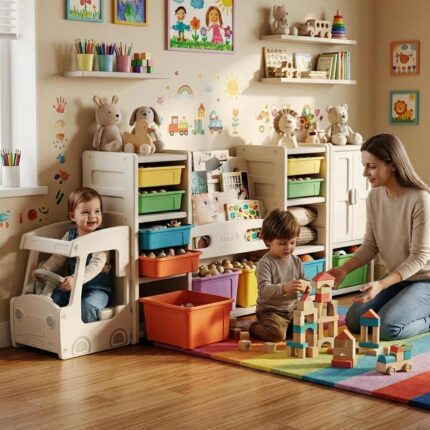 Детски органайзер за играчки с кутии и шкафчета автобус, Feelkids