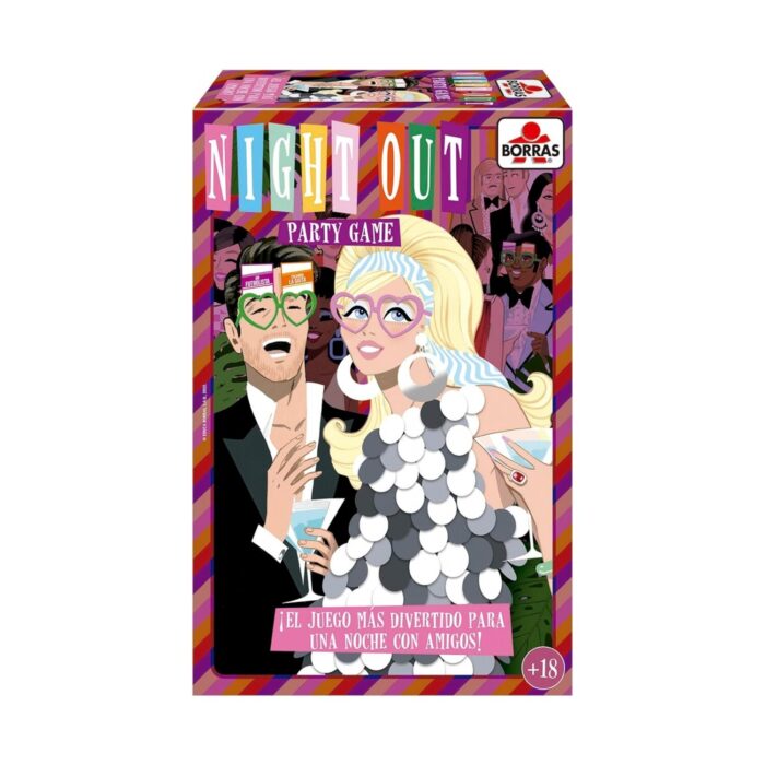 parti-igra-vecher-navan-educa-1500 Парти игра Вечер навън, Educa: лилава кутия „Night Out Party Game“ с логото „Borras“, мъж в смокинг и русокоса жена с рокля от пайети, и двамата с очила с форма на сърца.