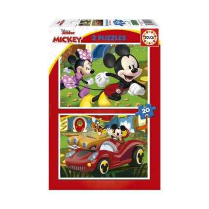 Пъзел 2 в 1 Mickey Mouse Забавна къща, 2 x 20 части, Educa: червена кутия Disney Junior с Мики и Мини в бяг по поляна и с Мики и Гуфи в червена и жълта кола пред входа.
